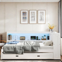 Wooden Daybed With Storage Shelves, Charging Station, Led And Trundle