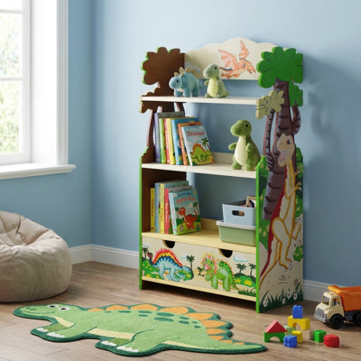 Dinosaur Kingdom Kids Wooden 3-Tier Bookshelf with Drawer by Teamson Kids