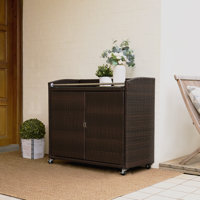 Outdoor Portable PE Rattan Serving Rolling Bar Cart with Storage Shelves, Glass Top, and Locking Wheels by Teamson Home