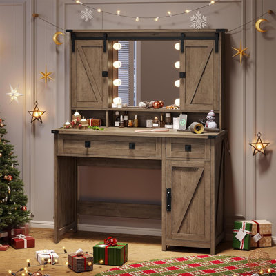 Shiala 41" W Farmhouse Makeup Vanity Desk with Mirror, Bedroom Dressing Table with Cabinets by Gracie Oaks