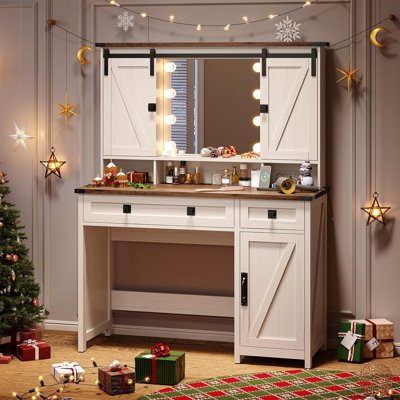 Shiala 41" W Farmhouse Makeup Vanity Desk with Mirror, Bedroom Dressing Table with Cabinets by Gracie Oaks