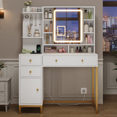 Makeup Vanity with Lights Dressing Table with 4 Drawers and Cabinet,15.7"D x 38.6"W x 54.3"H by Mercer41