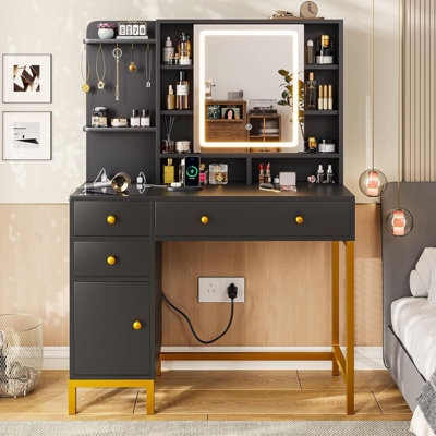 Makeup Vanity with Lights Dressing Table with 4 Drawers and Cabinet,15.7"D x 38.6"W x 54.3"H by Mercer41