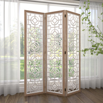 Epperson Wood Hinged Foldable Partition 3 Panel Geometric Divider Screen with Intricately Carved Designs