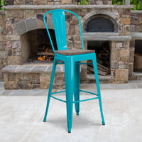 Marian Metal Bar or Counter Height Stool with Back and Wood Seat