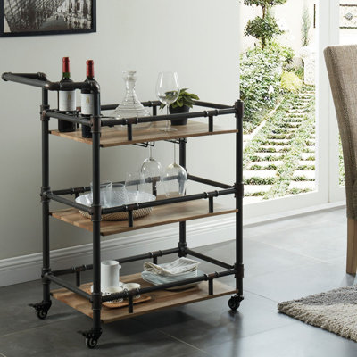 Breen Rustic 3 Tier Wood and Metal Bar Cart