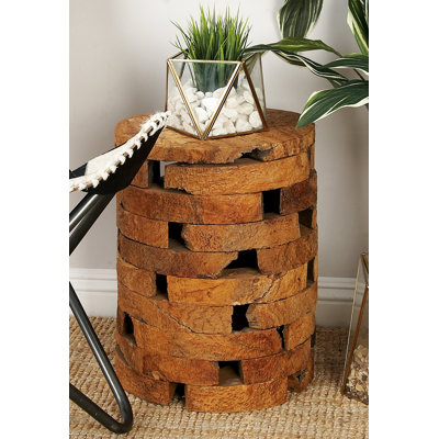 Dovray Teak Wood Handmade Live Edge Accent Table with Brick Inspired Design 14" x 14" x 18" by Millwood Pines