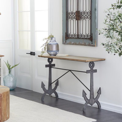 Addeson Black Metal Anchor Console Table with Brown Wood Top 48" x 15" x 31" by Breakwater Bay