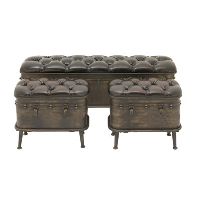 Currie Metal Weathered Bronze Storage Bench with Dark Brown Tufted Faux Leather Set by Breakwater Bay
