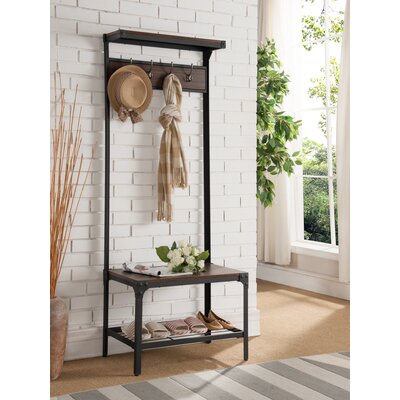 Fishel Entryway Bench with Storage Rack - Metal Shoe Rack & Coat Rack with Shelf & Hooks - Antique Hallway Bench by Gracie Oaks