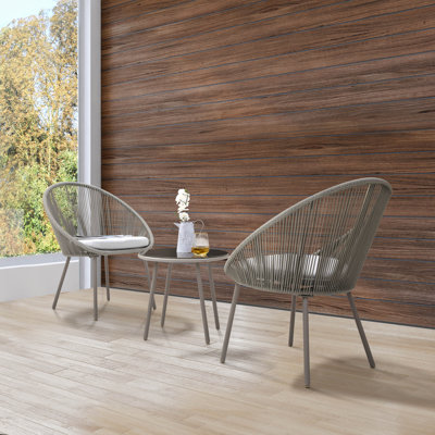 Kulp 3-Piece Patio Bistro Set, Outdoor Conversation Chair Set Balcony with Tempered Glass Coffee Table and Light Gray Cushions, Water-Resistant Woven by Bay Isle Home