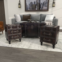 Rosenthal Faux Leather Vintage 4 Drawer Brown Bench with Faux Leather Straps and Studs Set by Breakwater Bay