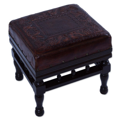 Markert Birds Among the Vines Wood and Leather Accent Stool by Bloomsbury Market