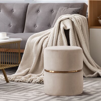 Celynn 14" Wide Velvet Round Ottoman with Gold Accent for Bedroom or Living Room by Mercer41