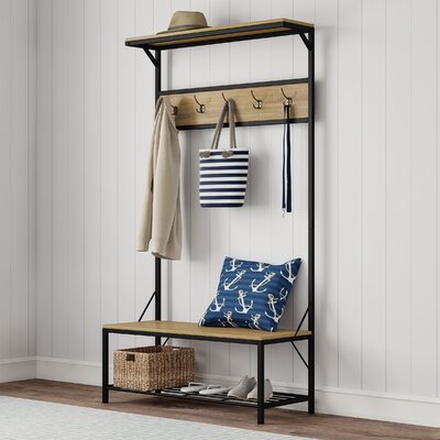 Moncada Entryway Bench with Seat - Iron and Wood Furniture with 5-Hook Coat Rack, Top Shelf, and Bottom Shoe Storage, Hall Tree by Gracie Oaks