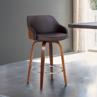 Aiken Swivel Counter or Bar Height Bar Stool with Arms in Faux Leather, Plywood and Metal Footrest by George Oliver