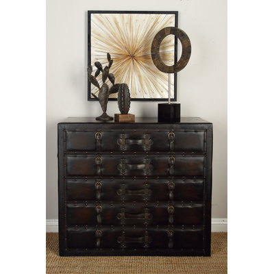 Isabel Black Wooden Vintage Faux Leather Room Chest with Buckles and Straps Detailing by Steelside