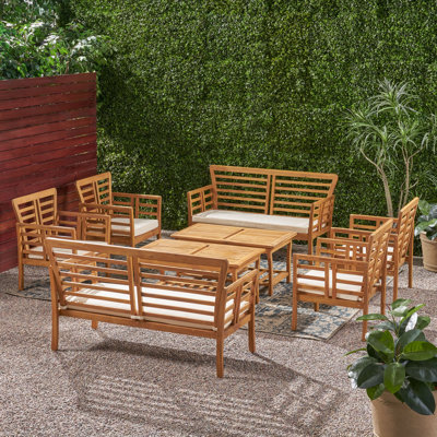 Lionel Outdoor Modern Acacia Wood 8 Seater Chat Set With Cushions