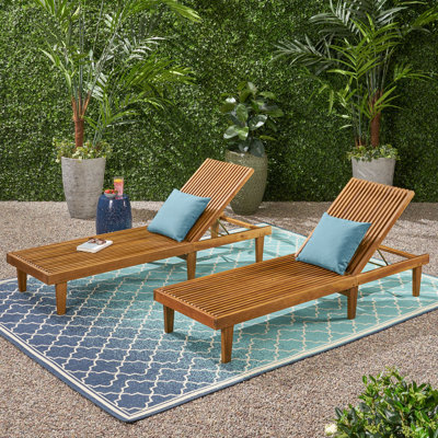 Cadain 78.75" Long Outdoor Reclining Acacia Chaise Lounge Set