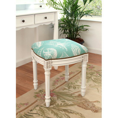 Toscano Seashells Linen Solid Wood Vanity Stool by Highland Dunes