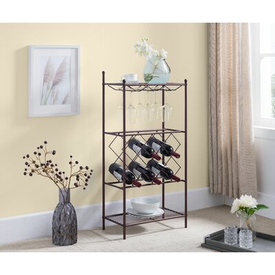 Sikora Freestanding Floor Metal Wine Rack Stand, Wine Bottle Liquor Cabinet with Glass Holder & Storage Shelves by Winston Porter