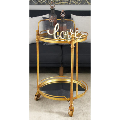 Crockett Brass Metal Rolling 2 Mirrored Shelves Bar Cart with Wheels and Handle 19" x 18" x 31" by Breakwater Bay