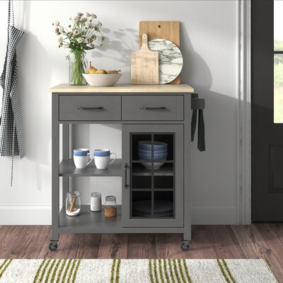 Amata 32" Manufactured Wood Kitchen Cart with Solid Wood Top and with Locking Wheels by Kelly Clarkson Home