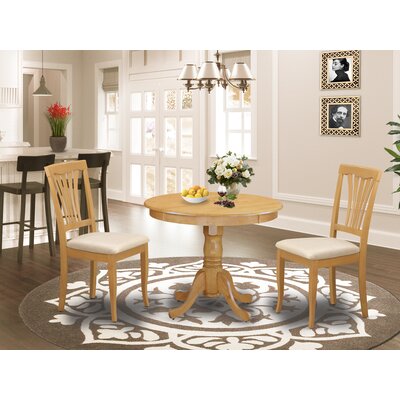 Stjohn 3 Piece Dining Room Table Set Contains a Round Wooden Table with Pedestal and 2 Linen Fabric Kitchen Dining Chairs, 36x36 Inch, Oak by Charlton Home
