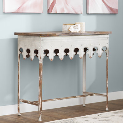 Deitra Rustic Farmhouse Metal Console Table with Solid Wood Top by Ophelia & Co.