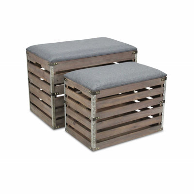 Kilgore (Set of )Two Wood Slat and Upholstery Storage Benches With Flip Top by Gracie Oaks