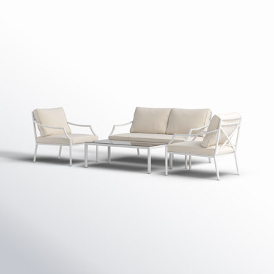 Palma 4-Piece White Aluminum Outdoor Conversation Set with Cushions – Modern Patio Seating with Rust-Free Frame & Plush Comfort by Lark Manor