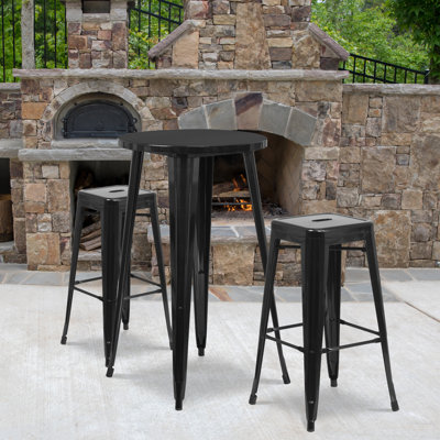 Commercial Grade 30" Round Orange Metal Indoor-Outdoor Bar Table Set With 2 Square Seat Backless Stools