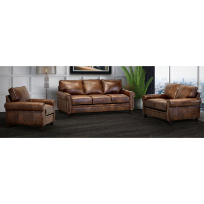 Ghonge Brown Top Grain Leather Sofa, Loveseat And Chair by Charlton Home