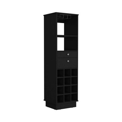 Classic 63-inch Tall Bar Cabinet with 2 Drawers, 6 Wine Cubbies, and Rack, Black Wenge