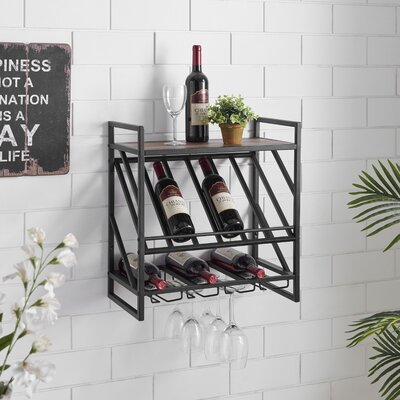 Labrieville 12 Bottle Wall Mounted Wine Bottle & Glass Rack in Black/Brown