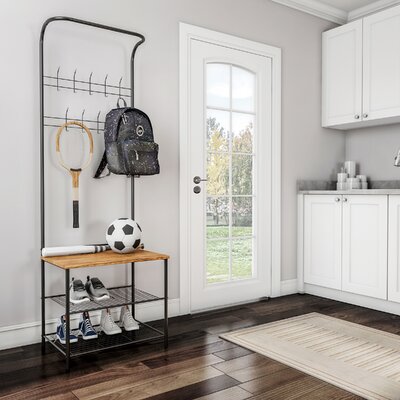 Jorgie Entryway Bench with Coat Rack – Metal Hall Tree with Seat, Hooks, and Shoe Storage – Rustic Farmhouse Freestanding Mudroom Furniture by Ebern Designs