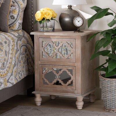 Celia Transitional Rustic French Country Washed Wood and Mirror 2-Drawer Quatrefoil End Table by Ophelia & Co.