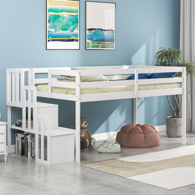 Twin Size Solid Wood Loft Bed With Stair Case Storage Shelf For Kids by Harriet Bee
