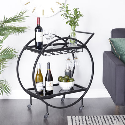 Metal Rolling 2 Mirrored Shelves Bar Cart with Wine Glass Storage and Handle by Willa Arlo Interiors