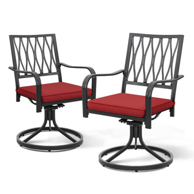 Hughey Outdoor 2-Piece Metal Swivel Chair Set, Iron Dining Chairs with Removable Red Cushion, Patio Bistro Chairs for Indoor and Outdoor by Alcott Hill