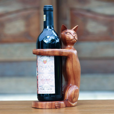 Hand Carved Cat 1 Bottle Tabletop Wine Bottle Rack by Bungalow Rose
