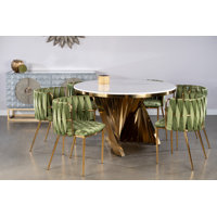 Hatten Round Marble Dining Table Set with Sculptural Base and 6 Upholstered Velvet Chairs – 7-Piece Modern Glam Dining Set by Everly Quinn