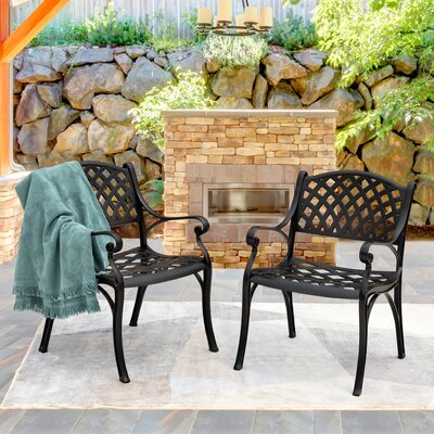 Mccready Outdoor Patio Dining Chair of 2, Cast Aluminum Lattice Weave Design with Arms, for Patio, Antique Bronze by Canora Grey