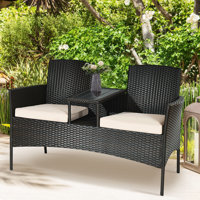 Jaylyn Modern Outdoor Rattan Loveseat with Built-in Coffee Table and Cushions by Zipcode Design