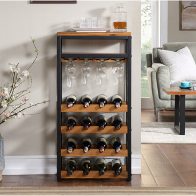 Thrailkill real Acacia Hardwood 16 Bottle Floor Wine Bottle and Glass Rack Powder Coated Steel in Black/Brown by Loon Peak
