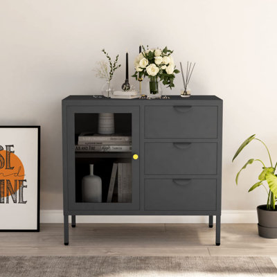 Sideboard Side Table for Living Room Bedroom Steel and Tempered Glass by Latitude Run