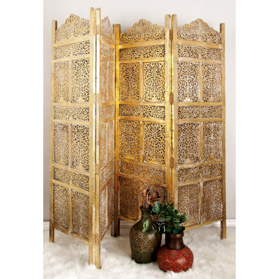 Deresa Wooden Handmade Foldable Partition 4 Panel Floral Divider Screen with Foiled Intricately Designs