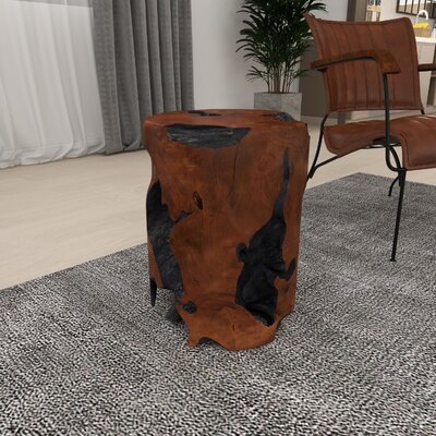 Atharv Brown Teak Wood Handmade Live Edge Stump Accent Table with Charred Detailing 14" x 14" x 18" by Millwood Pines