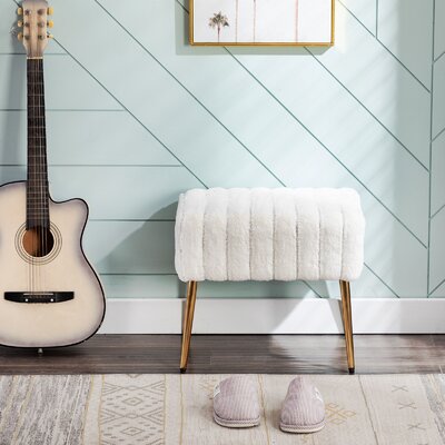 Ceilia 18.5" Wide Faux Fur Rectangle Ottoman with Gold Legs for Bedroom or Vanity by Mercer41