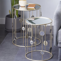 Eppler Metal Open Frame Side End Gold Accent Table with Mirrored Glass Top and Circular Accents Set by Everly Quinn